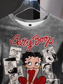 Betty Boop x SHEIN 女士休闲字母卡通图案圆领短袖T恤，夏季 - 白色 - 查看 4