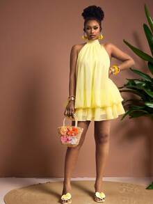 Truni 大码女士雪纺优雅奶油黄露背系带迷你连衣裙，约会之夜连衣裙，夜间外出连衣裙，夏季连衣裙，蜜月套装，婚礼宾客连衣裙，海岛度假连衣裙，婚礼宾客连衣裙，太阳裙，优雅派对连衣裙，生日连衣裙，柠檬黄束腰连衣裙，黄色沙滩装，沙滩度假套装，大码短款黄色连衣裙，层叠荷叶边连衣裙，吊带迷你连衣裙，爱与柠檬水连衣裙，飘逸短款吊带连衣裙，适合梨形和三角形身材 - 黃色 - 查看 8