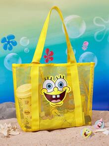 SpongeBob SquarePants | SHEIN 1 Cute Cartoon Character Pattern Mesh Tote Bag, Beach Bag, With Anti-Splashing Material Small Bag, Can Store Mobile Phones And Other Small Objects, Suitable For Commuting, Sports, Leisure, Outings, Suitable For Swimming, Large Capacity, Yellow - Yellow - View 7