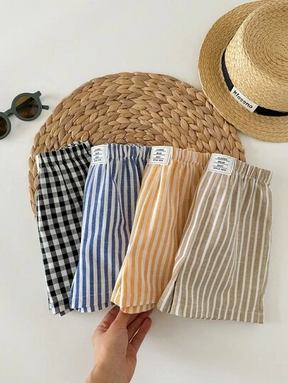 SHEIN 4件套可爱男女宝宝条纹弹力腰短裤，百搭夏季度假装，多种颜色可选