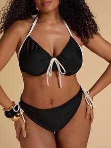 SHEIN BAE Plus Size Women's Summer Beach Color Block Halter Tie Sexy Bikini Swimwear Set Beach Outfits For Women - Black and White - View 7