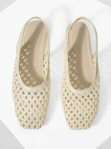 Mnmlis Women's New Fashion Woven Hollow Slip-On Flat-Bottomed Square Toe Shoes - Apricot - View 1