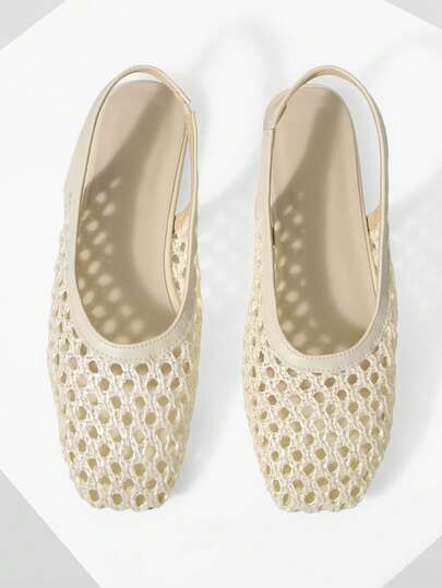 Mnmlis Women's New Fashion Woven Hollow Slip-On Flat-Bottomed Square Toe Shoes