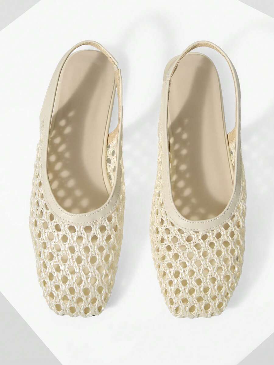 Mnmlis Women's New Fashion Woven Hollow Slip-On Flat-Bottomed Square Toe Shoes - Apricot - View 1