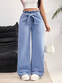 Rivivi Women's Ruffle Waist Tie Wide Leg Loose Casual Jeans - Blue - View 1