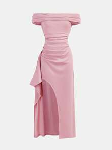 SHEIN 少女优雅长款连衣裙，露肩荷叶边下摆修身长款派对礼服，粉色花童礼服 - 粉色 - 查看 4