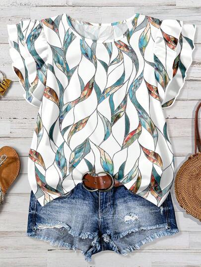 Mellowie Casual Minimalist Green Church Glass Style Flat Print Pattern Women's Ruffle Sleeve Elegant Blouse, Suitable For Spring/Summer Vacation