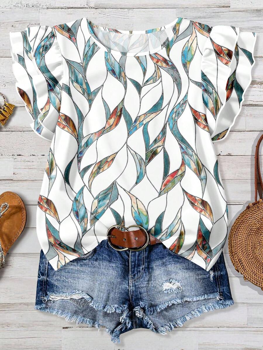 Mellowie Casual Minimalist Green Church Glass Style Flat Print Pattern Women's Ruffle Sleeve Elegant Blouse, Suitable For Spring/Summer Vacation - Multicolor - View 1