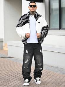 Devon Thys Men's Casual Distressed Loose Fit Slant Pocket Denim Jeans, Autumn Romwe Men Jeans Emo Jeans Ripped Baggy Jeans Men Manfinity Legnd Men Cotton Splash Ink Ripped Jeans Drip Jeans - Dark Grey - View 4