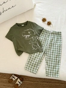 SHEIN 2件套幼儿男童可爱恐龙印花短袖T恤和绿色格子裤睡衣套装，适合居家、休闲和户外穿着，春夏款 - 綠色 - 查看 5