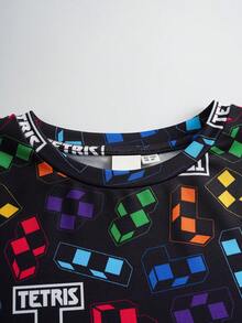 Tetris™ X SHEIN Young Boy Letter & Geometric Print Round Neck Short Sleeve T-Shirt And Shorts Casual Daily Outfit - Black - View 3