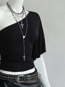 EgrlEra Summer Fashionable Sexy Asymmetric-Shoulder Sleeveless Top - Black - View 1