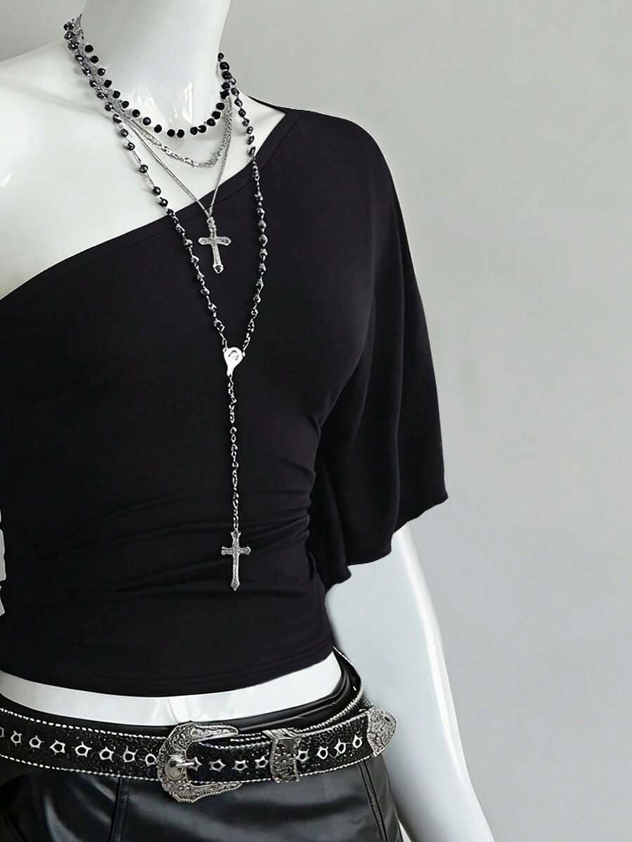 EgrlEra Summer Fashionable Sexy Asymmetric-Shoulder Sleeveless Top - Black - View 1