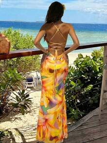 Aloruh 女士印花修身连衣裙，度假风 - 橘色 - 查看 2