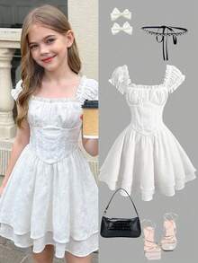 Girlism Tween Girls' White Textured Ruched Waist A-Line Ruffle Hem Short Vacation Dress, Spring/Summer - White - View 1