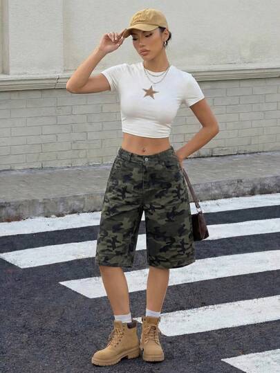 Muchica Women's Casual Camo Print Loose Fit Jeans With Side Pockets, Summer