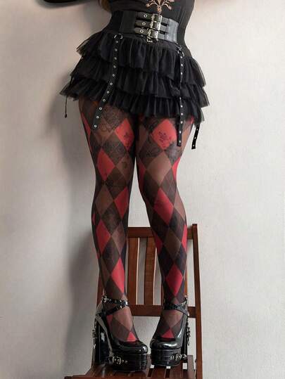 Whyspr Punk Sexy Sheer Rhombus Plaid Skinny Women's Leggings In Black & Red Tights Leggings Checkered Clothes Goth