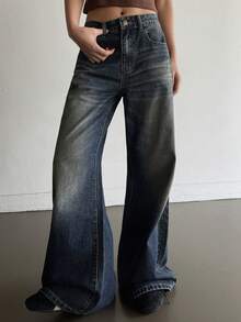 DAZY Jeans de tiro bajo con campana para mujer, casuales y sexys estilo Y2K - Azul lavado oscuro - Ver 3