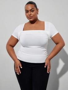 SHEIN Clasi Plus Size Women's T-Shirt,Square Neck Short Sleeve White Summer Smart Casual Hiking Tops,UV Protection High Elasticity 4-Way Stretch Elegant Blouses - White - View 3