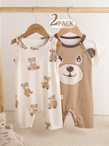 Souflis Souflis 2 Stücke/Set süßer Bären-Muster Baby Jungen Kurzarm Romper Outfit, 0-3 Jahre alt, weich & niedlich, geeignet für Zuhause, Outdoor-Spiel und weitere Anlässe - Verschiedenfarbig - Übersicht 2