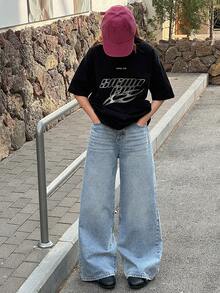DAZY Teen Girl Pocketed Wide Leg Loose Casual Versatile Jeans - Light Wash - View 2
