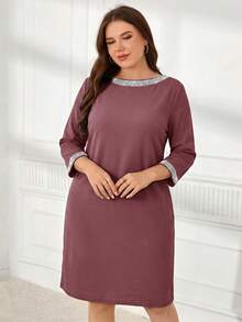 EMERY ROSE Plus Size Elegant Commuter Dress With Sequin Decor - Purple - View 4