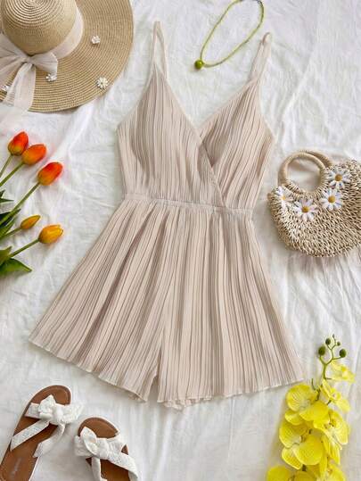 GlowEve Solid Color Pleated Crossed Neck Camisole Elastic Waist Women's Jumpsuit, Elegant Casual Vacation Photography Suitable For Outdoor, Beach Holiday