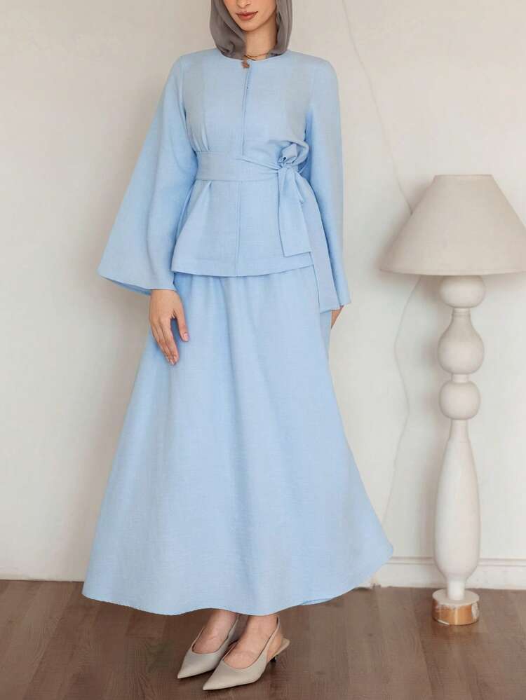 Women's Casual Solid Color Round Neck Belted Shirt And Skirt 2-Piece Set, Spring/Summer