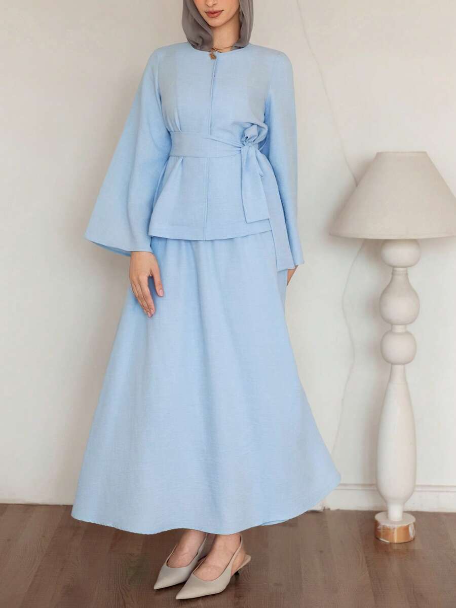 DAZY Women's Casual Solid Color Round Neck Belted Shirt And Skirt 2-Piece Set, Spring/Summer - Blue - View 1