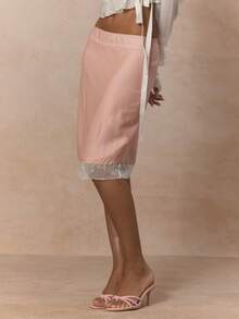 MUSERA Lace Trim Straight Fit Low Rise Midi Skirt Coord Bottoms Only  Cute Spring Holiday Girly Sugar Salt - Pink - View 3