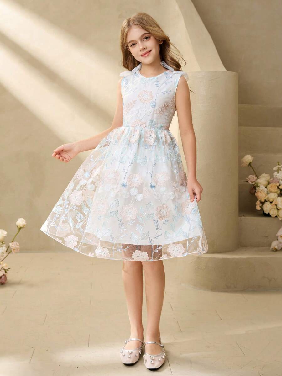 Tween Girl Floral Embroidered Mesh Round Neck Sleeveless Dress - White - View 1