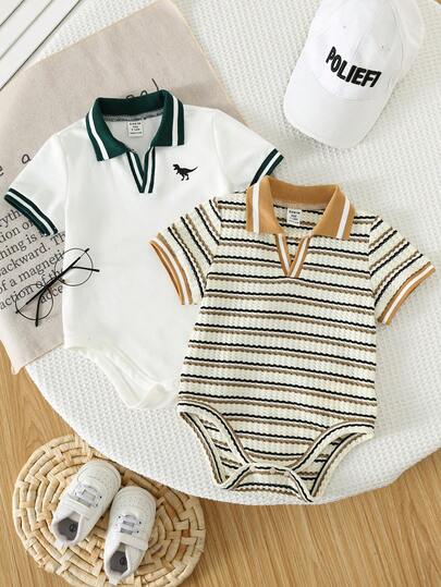 SHEIN 2件套新生男宝宝春夏可爱撞色条纹Polo领短袖连体衣套装，基础款