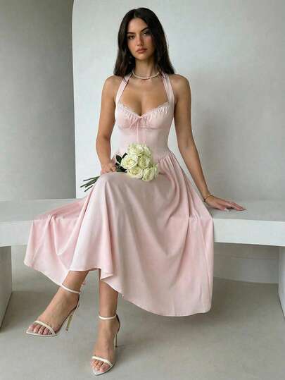 Aloruh Vestido de mujer de nueva llegada para el Día de San Valentín, vestido sin mangas de color rosa claro sólido con decoración de lazo, vestido midi elegante y romántico de estilo vintage para una cita