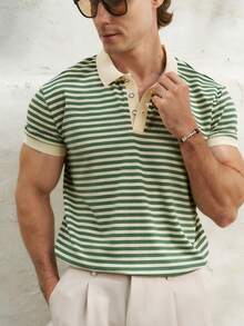 Airaco 2026 春季男士休闲撞色领条纹针织 Polo 衫，商务休闲周末街头风 - 彩色 - 查看 4