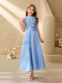 Tween Girl Elegant Blue Lace Bow Sleeveless Long Fitted Dress, Suitable For Evening Party, Christmas, Halloween, Wedding, Prom, Graduation, Back To School And Other Occasions - Blue - View 8