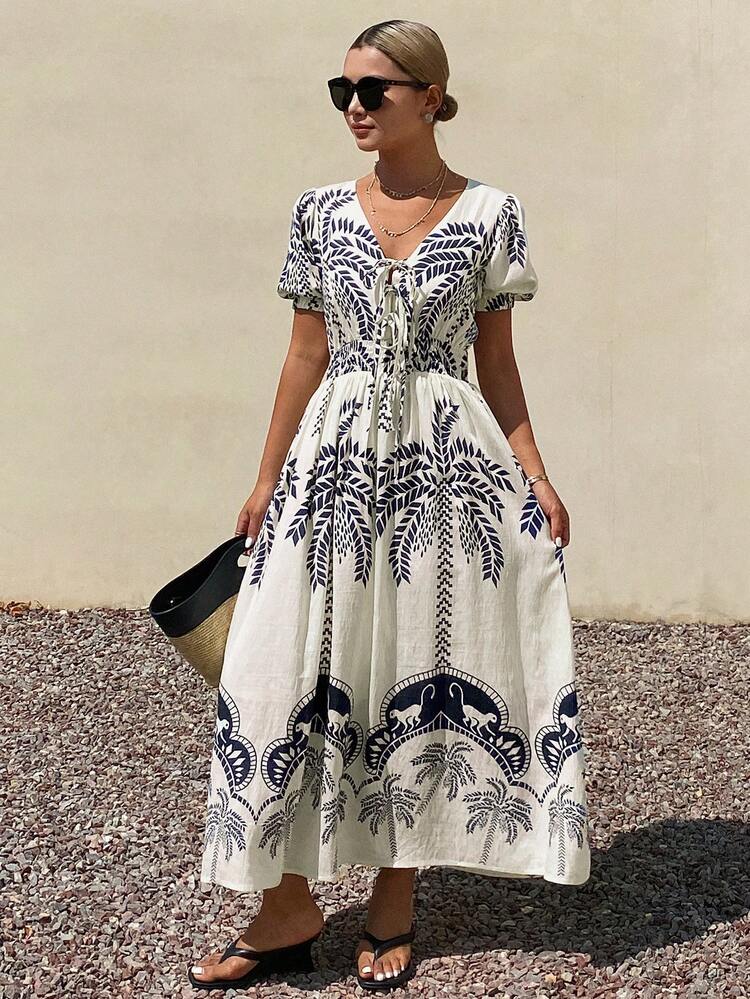 Women's Elegant Floral Shirred Tie-Waist Mid-Length Dress, Summer Boho