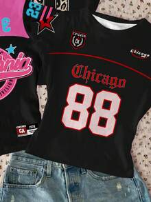 3件套休闲修身圆领短袖T恤，黑粉撞色，英文文字及数字图案印花，街头运动风，舒适百搭，秋季叠穿，时尚休闲，运动数字印花T恤，返校季必备，球衣号码，撞色T恤 - 白色 - 查看 5