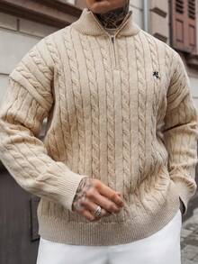 Artur Kramer 男士秋冬拉链半开襟时尚针织套头毛衣，休闲针织麻花针织衫，男士针织四分之一拉链Polo衫，长袖上衣 - 杏色 - 查看 3