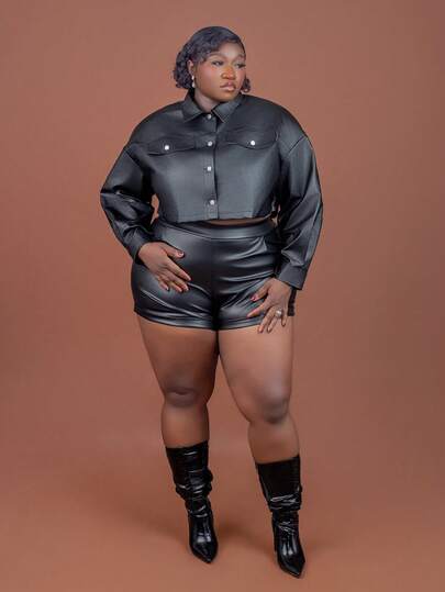 CurvyTilda 大碼落肩袖翻蓋細節短款PU皮革夾克