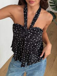SHEIN LUNE Women's Romantic Polka Dot Pleated Tie Strap Sleeveless Top, Suitable For Vacation And Dates - Black and White - View 7