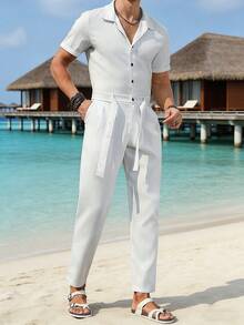 VENTUSAIL 男士夏季休闲条纹纽扣短袖连体裤 白色男士连体裤 男士短袖连体裤 男士条纹连体裤 男士沙滩连体裤 日常休闲、周末旅行、远足旅行、轻松的工作环境、送给男友/丈夫的礼物、周年纪念/生日礼物、派对夏季假期男士度假装 白色条纹连体裤 男士沙滩装 白色奶油色男士连体裤 男士邮轮服装 - 白色 - 查看 7