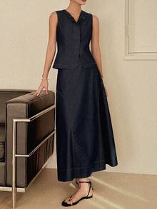 DAZY Women's Casual Denim Suit - Collared Sleeveless Cardigan And Long Skirt - Dark Wash - View 5