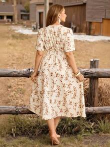 Roveilla Plus Size Women V-Neck Floral Print Ruched Waist Elegant Date Party Dress Vintage Dresses For Women Cotton Dresses French Style Dress Cottagecore Dress Elegant Floral Dress Women Summer Elegant Dress Floral Dress Elegant Dress - Apricot - View 2