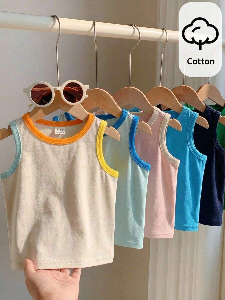 SHEIN 5pcs/Set Baby Boy Summer Cute Casual Versatile Knit Colorful Striped&Solid Sleeveless Tops Vest 6pcs All-Match Multipack Easter Gift Sthings For