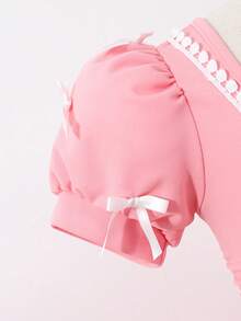 女童粉色甜美公主风连衣裙，配有蝴蝶结、泡泡袖、褶裥腰身、方领和配套手提包，适合生日派对、聚会、郊游等场合。 - 粉色 - 查看 5