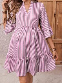 SHEIN 女士短袖立领条纹衬衫裙 - 紫色 - 查看 6