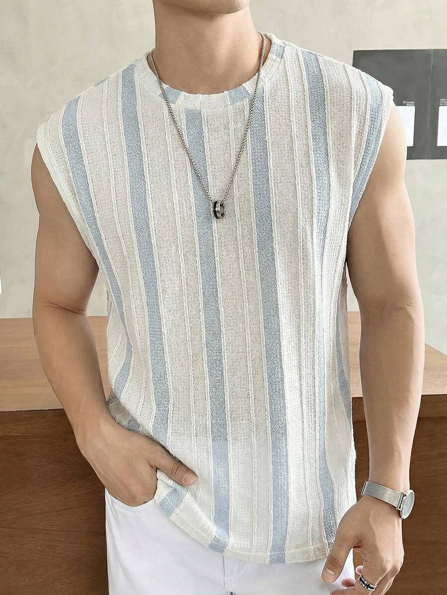 SWAVVY Áo tank top nam dáng rộng, thoải mái, phối màu tương phản, thích hợp cho kỳ nghỉ hè và đi làm. - Màu xanh lam - Xem 1