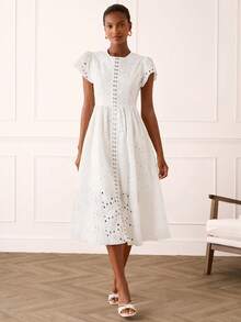 Lilora Women's Elegant White Summer Dress,Embroidered Eyelet Midi Dress With Puffy Short Sleeves,Sophisticated Graduation,Resort Wear & French Style Picnic - White - View 4