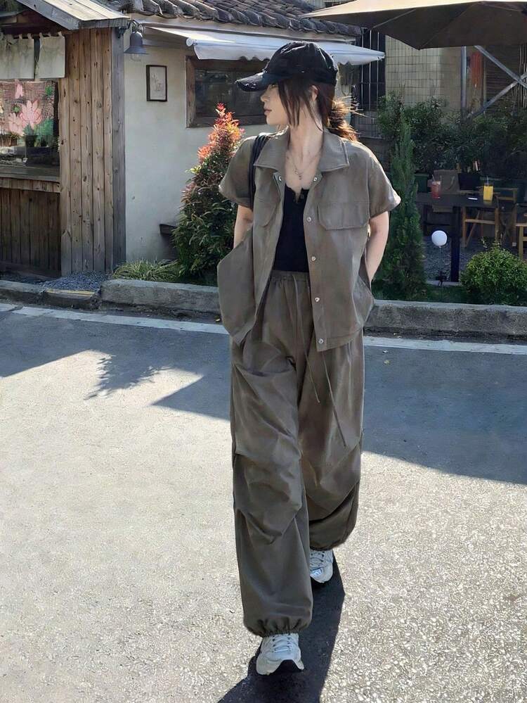 2pcs Women Solid Color Short Sleeve Casual Loose Everyday Outfit Summer