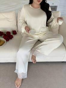 Dazy Plus Plus Size Women Lace Patchwork Crew Neck Long Sleeve Top And Wide Leg Pants Casual Loungewear Set - White - View 7